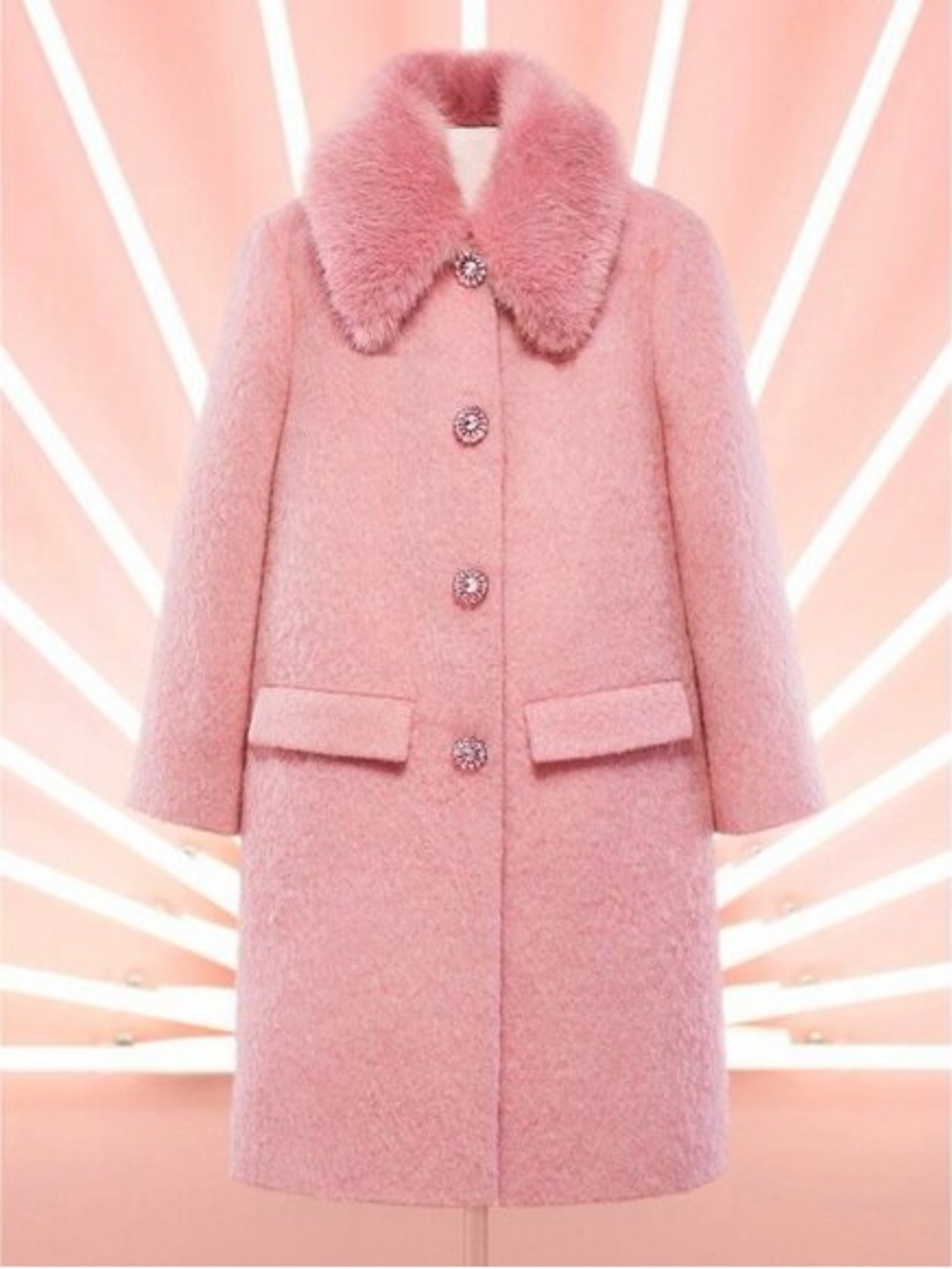 Kate Spade Fur Collar Pink Tulip Wool Blend Jewel button Pea Coat